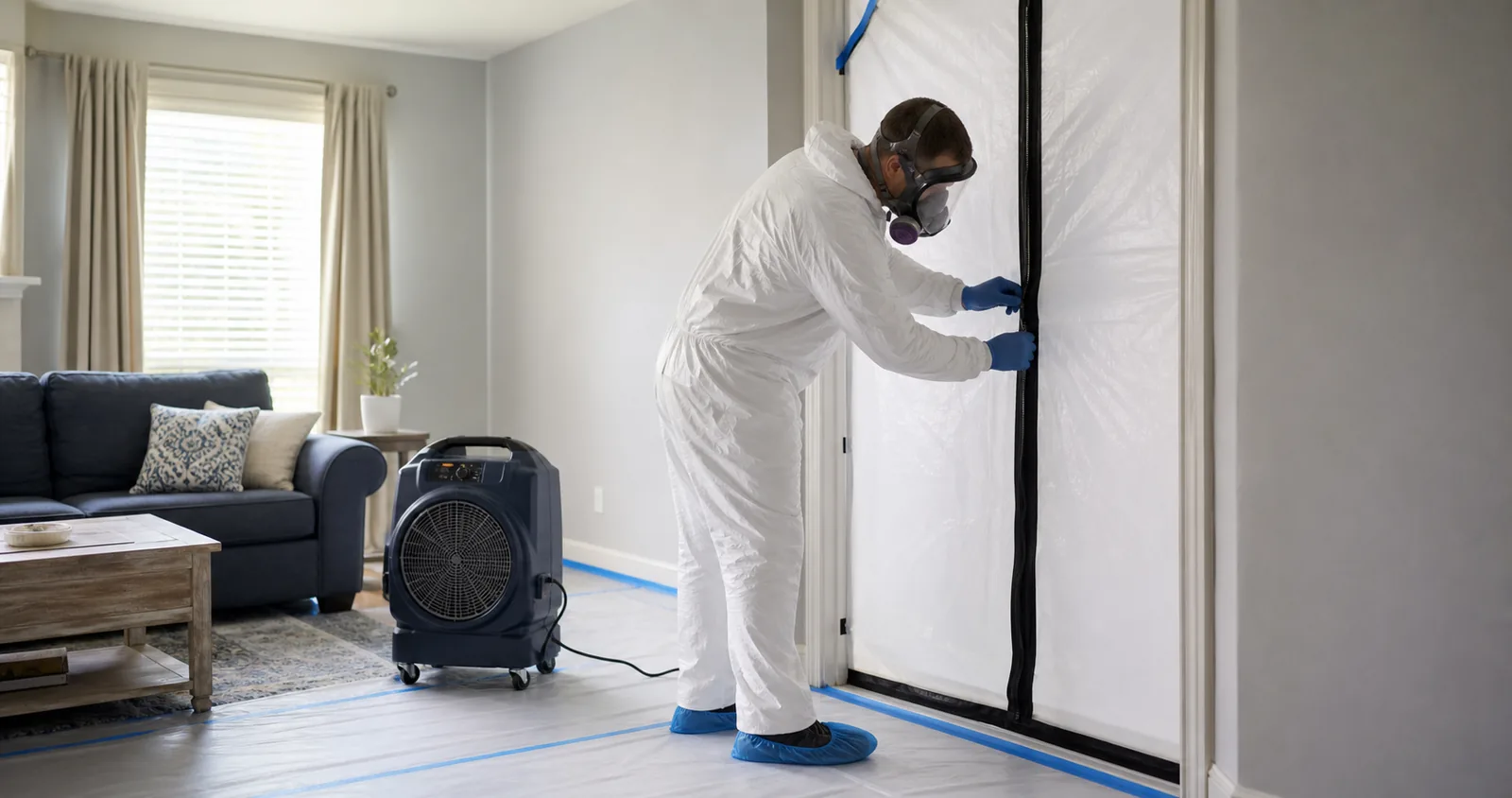 Illustrative biohazard technician securing a contained work area in a protected home